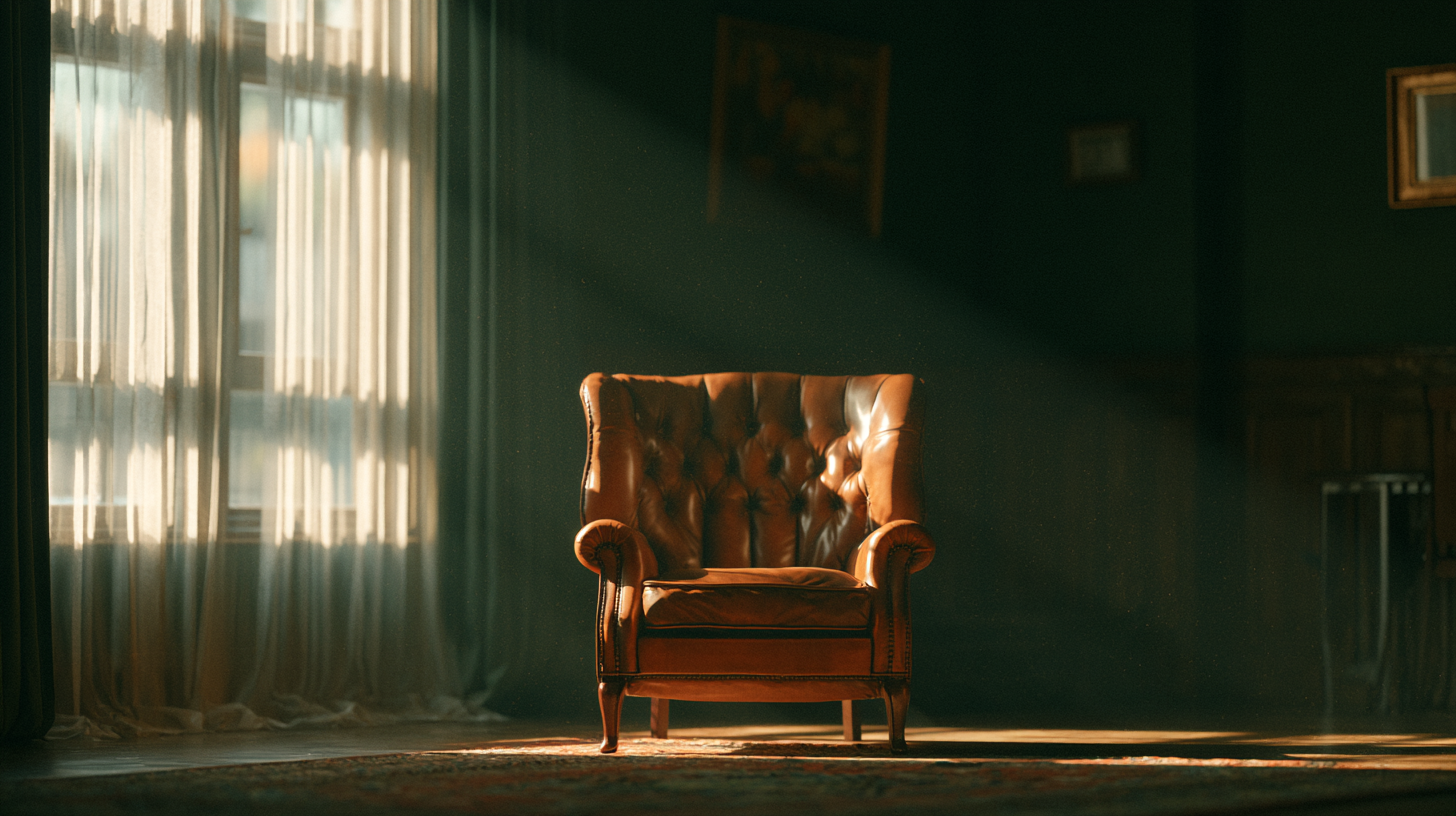 An empty leather chair in warm low sun