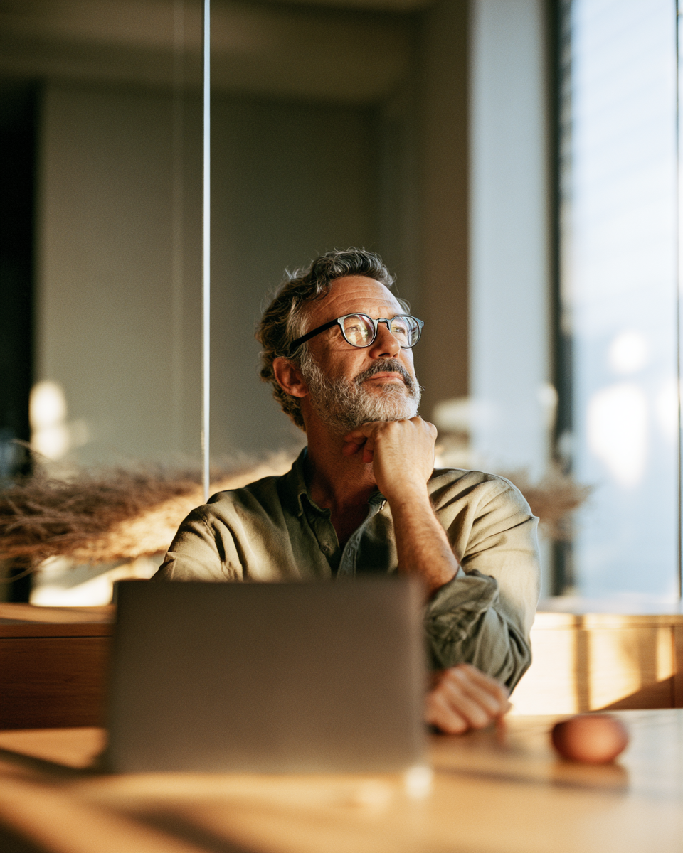 A gray-bearded founder in wire-rim glasses pauses mid-thought, chin resting on his hand, gazing out a sunlit window past his open laptop, dried pampas grass softening the room behind him.