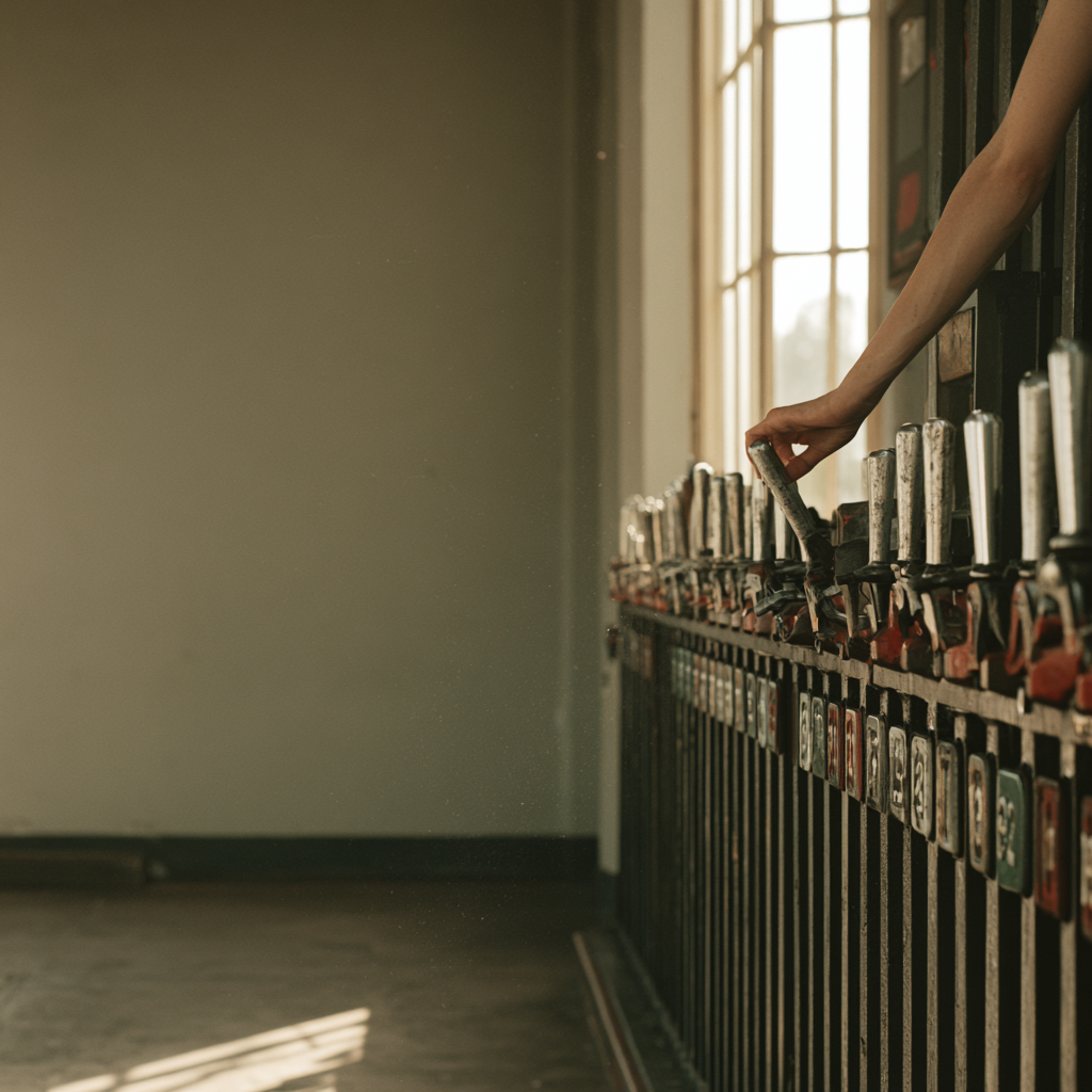 A woman’s hand reaching in to pull one lever from a long row of railway signal levers
