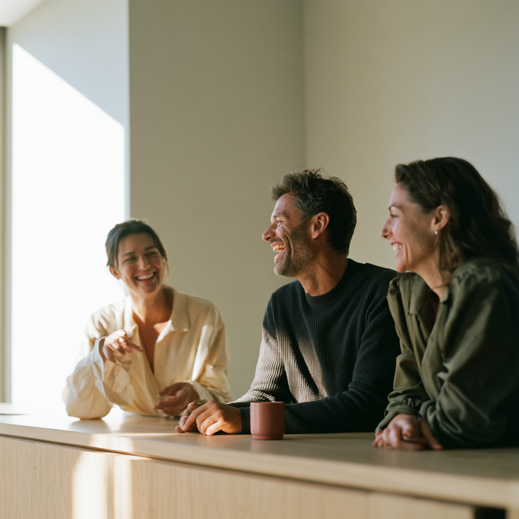 Three colleagues laughing together at a sunlit counter in a bright modern office