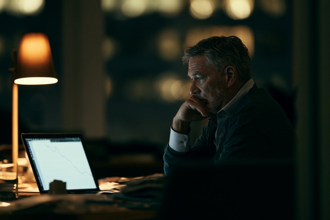 A senior marketing leader alone at a desk at dusk, lit by a single warm lamp, studying a laptop screen showing a declining chart with calm focus.