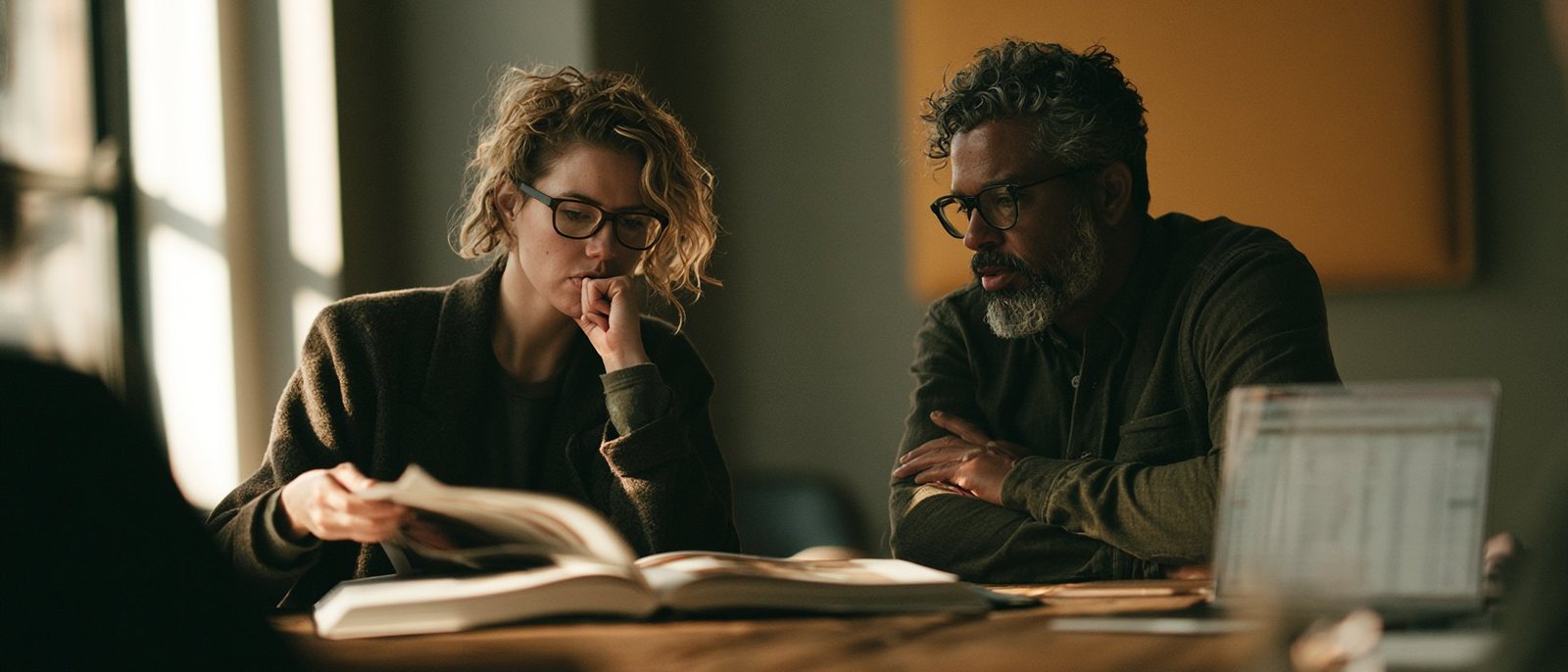 Two ecommerce operators at a conference table reviewing a printed replatform proposal, one paging back through it with a skeptical, thinking expression.