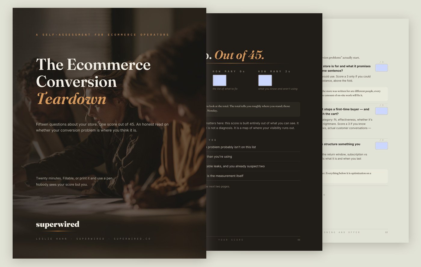 Three pages from The Ecommerce Conversion Teardown: the cover, the score page, and a layer page with scoring boxes.