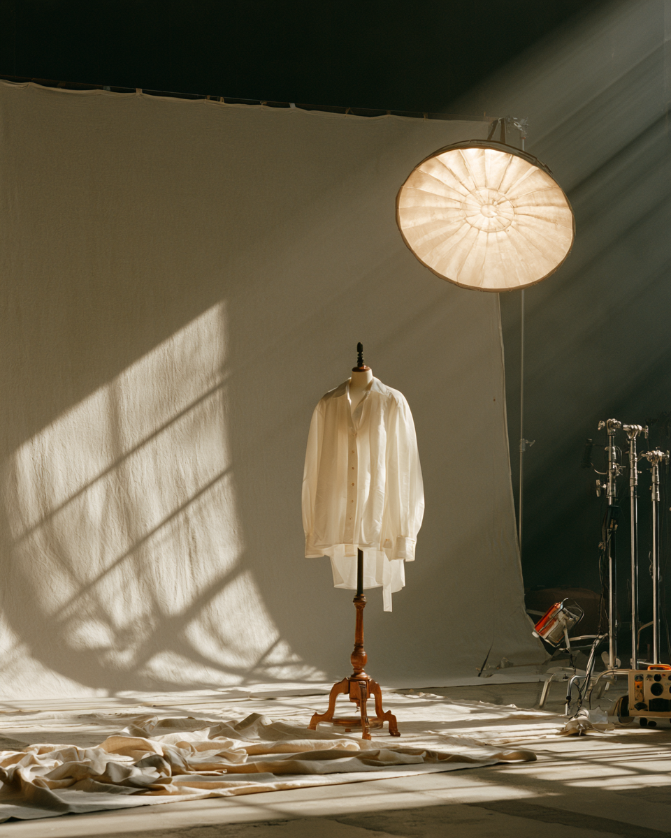 A garment on a stand under a softbox on a quiet studio set