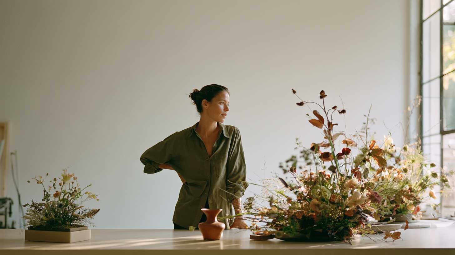 A founder at a long sunlit table considering two flower arrangements — one finished and ready, one still half-built at the far end — superwired on when brand-building is the right bet