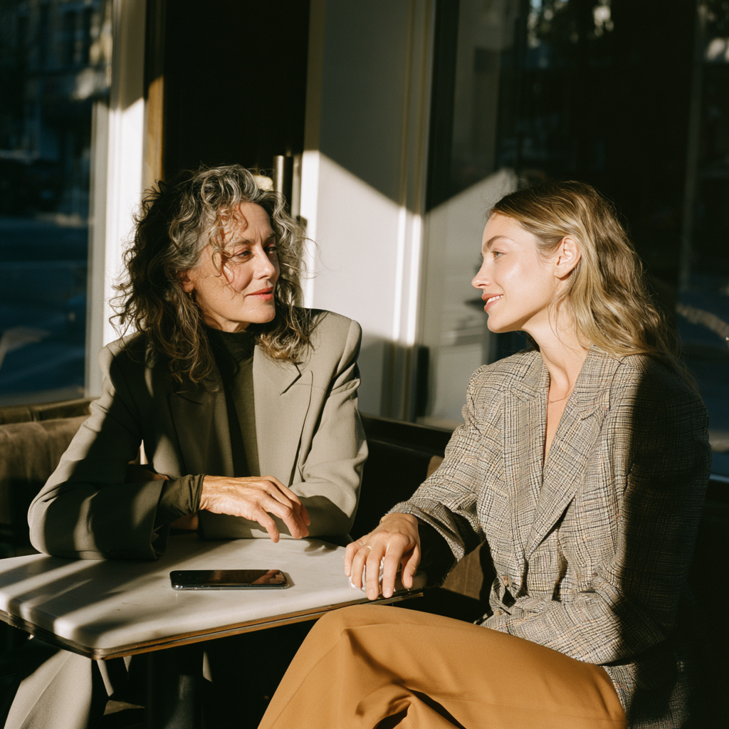 Two colleagues at a café table in warm afternoon light, one leaning in mid-recommendation while the other listens — superwired on building word-of-mouth into a real channel.